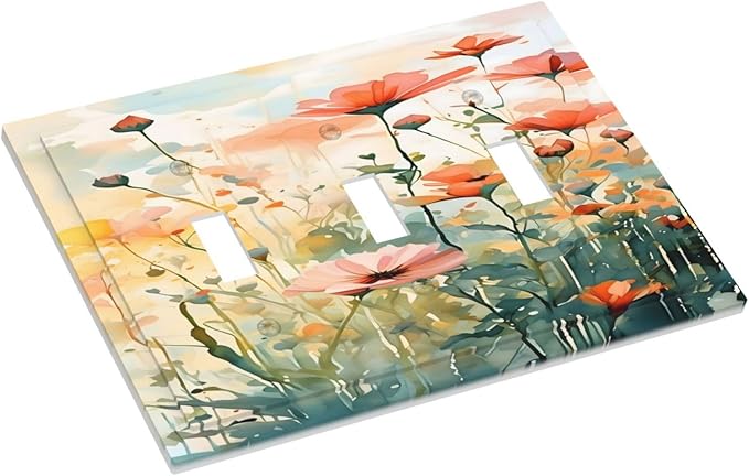 Vintage Red Orange Yellow Poppy Floral Flowers Decorative Switch Plates 3 Gang Wall Plate Triple Toggle Light Switch Cover Faceplate Electrical Wall Panels for Bedroom Living Room Decor