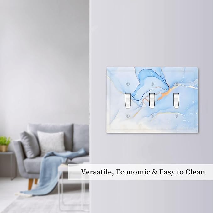 Modern Art Blue Gold Marble Abstract Luxury Print Decorative Switch Plates 3 Gang Wall Plate Triple Toggle Light Switch Cover Faceplate Electrical Wall Panels for Bathroom Living Room Decor
