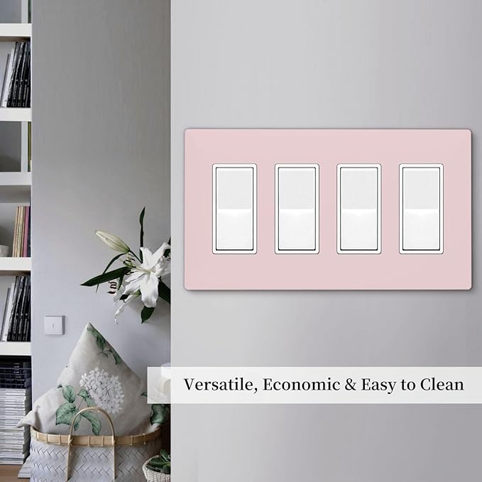 Rose Purple Pink 4 Gang Quad Rocker/GFCI/Decorator Light Switch Cover Plate Decorative Electric Faceplate Decorative Switchplate Screwless