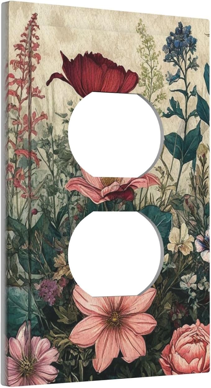 Decorative Outlet Covers Rustic Wildflower Red Floral Green Plant 1 Gang Duplex Light Switch Cover Plate Wall Plates for Electrical Outlets Electrical Switchplate Face Plate