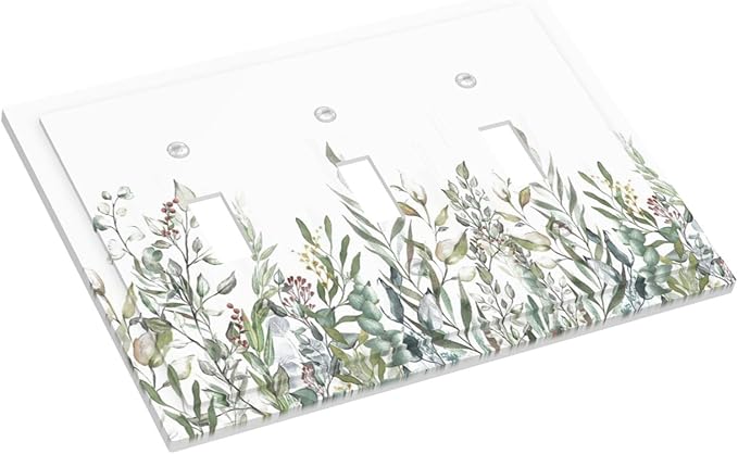Wildflower Garden Rustic Green Leaf Floral Decorative Switch Plates 3 Gang Wall Plate Triple Toggle Light Switch Cover Faceplate Electrical Wall Panels for Bed Room Living Room Decor