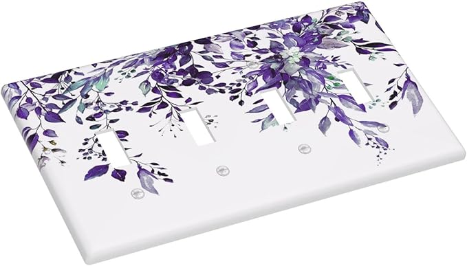 Decorative Light Switch Cover Plate Purple Eucalyptus Boho Olive Leaves Country Unique 4 Gang Wall Plate Switch Plate Covers Quad Toggle Jumbo Electrical Faceplate for Bedroom Decor