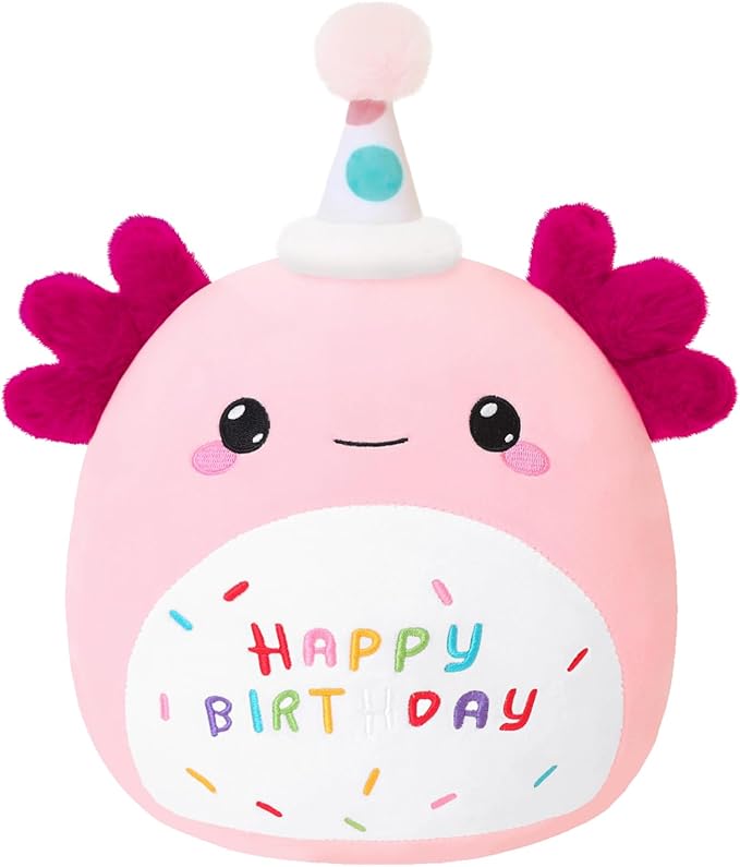 SQEQE Happy Birthday Axolotl Plush Axolotl Stuffed Animal Toy Pink Birthday Plushies Home Decor for Girls Boys Kids（8Inch