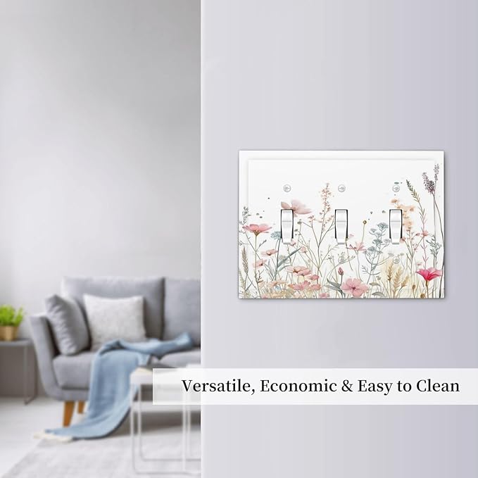 Watercolor Wildflower Pink Flower Plant Floral Decorative Switch Plates 3 Gang Wall Plate Triple Toggle Light Switch Cover Faceplate Electrical Wall Panels for Bedroom Living Room Decor