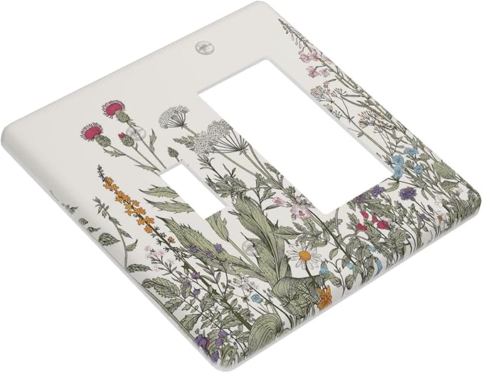 Vintage Colorful Wild Flower Floral 2 Gang Single Toggle/Rocker Combination Light Switch Cover Decorative Wall Plate Cover Electrical Faceplate Art Decor