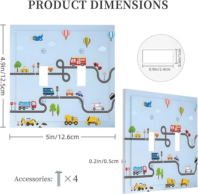 Road Construction Car Truck Hot Air Balloon Decorative Switch Plates 2 Gang Double Toggle Outlet Light Switch Cover Wall Plate Electrical Faceplate for Nursery Kids Room Decor