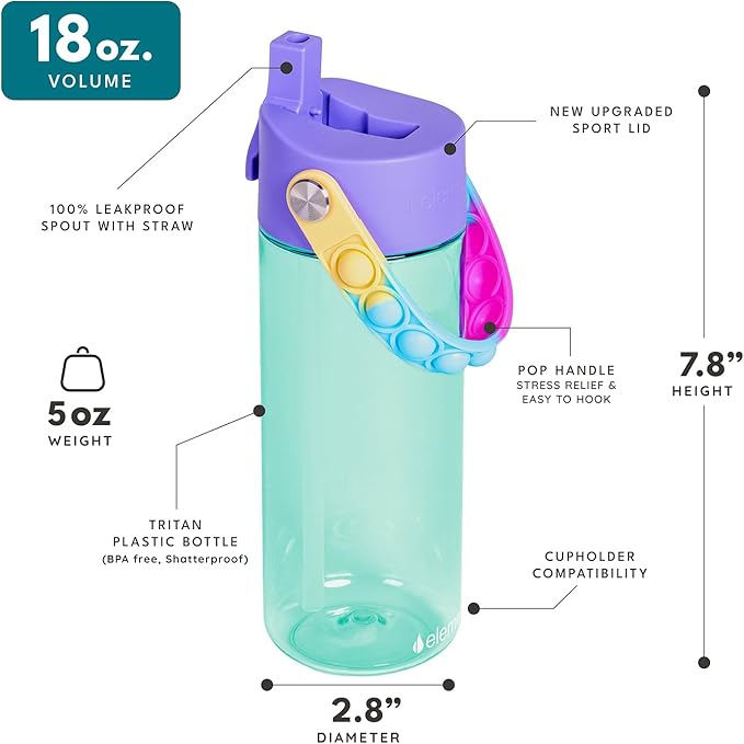 Elemental Water Bottles for Kids - Splash Kids Water Bottle for School with Pop-it Handle - BPA Free Tritan Plastic Water Bottle with Straw Leak Proof when Spout is Closed - Blue Tie Dye- 18oz