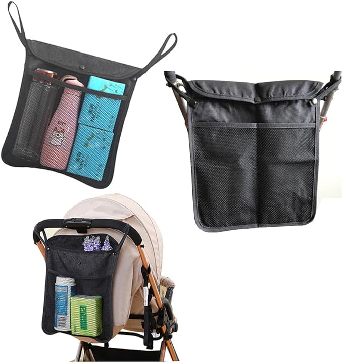 2PCS Pack Umbrella Strollers Organizer, Side One for Toys and Snacks,The Back One For Mommy to Keep Keys, Phone, Snacks, Bottles,Nappy Diaper Storage, Detachable (BLACK D)