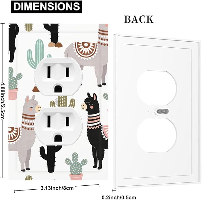 Playful Llama & Cactus Desert Pattern Duplex Wall Plate - 1-Gang Standard US Size Bohemian Desert Animals Outlet Covers for Boys & Girls Room Playroom Decor