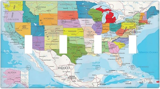 Igneinf USA Map 4 Gang Light Switch Cover Decorative Quad Toggle Wall Plate Decorative Electrical Faceplate for Kitchen Home Barn Farmhouse Decorate Large 8" x 4.5