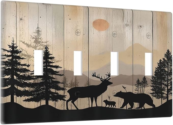 Light Switch Covers Wood Board Wildlife Cute Bear Deer Forest Rustic Quad Toggle Electrical Faceplate 4 Gang Wall Plate Decorative Switch Plates for Bathroom Farmhouse Decor