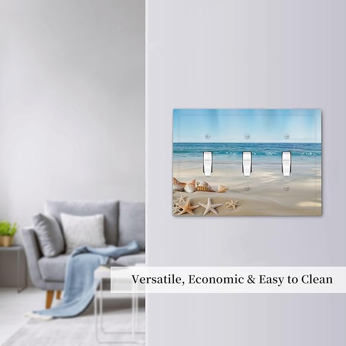 Light Switch Cover Plate Summer Beach Starfish Shells 3 Gang Switch Plate Covers Triple Toggle Decorative Wall Plates Electrical Faceplate for Bathroom Home Decor