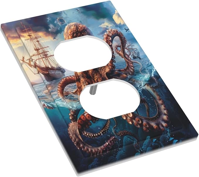 Decorative Outlet Covers Deep Ocean Octopus Sailboat Sea Monster 1 Gang Duplex Light Switch Cover Plate Electrical Switch plates WallPlates Socket Covers for Bathroom Bedroom Decor