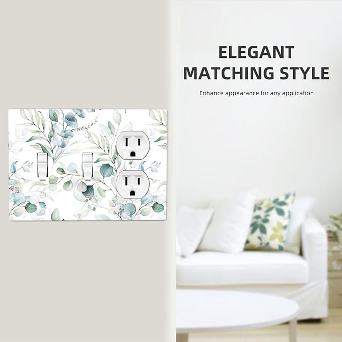 Nature Spring Eucalyptus Green Saga Leaf Plant Botanical 3 Gang Combination 2 Toggle 1 Duplex Receptacle Light Switch Wall Plates and Outlet Cover Triple Device Combo Two Toggle One Receptacle Cover