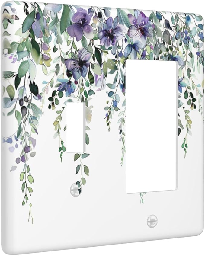 Outlet Covers Blue Purple Eucalyptus Leaves Boho Botanical 2 Gang Combo Light Switch Cover Plate Toggle Rocker Wallplates Decorative Switch Plates and Outlet Covers for Bathroom Home Decor