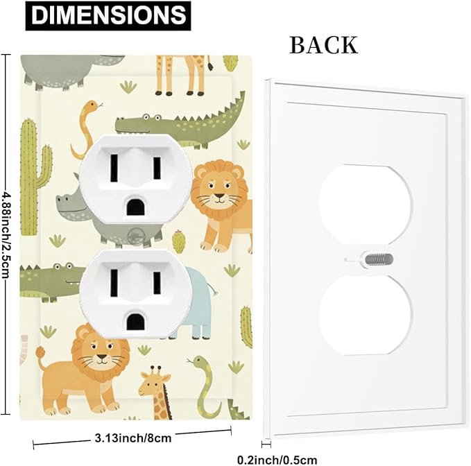 Playful African Safari Animals Duplex Wall Plate - 1-Gang Standard US Size Cute Hippo Crocodile Lion Elephant And Giraffe Funny Wildlife Outlet Covers for Boys & Girls Room Decor