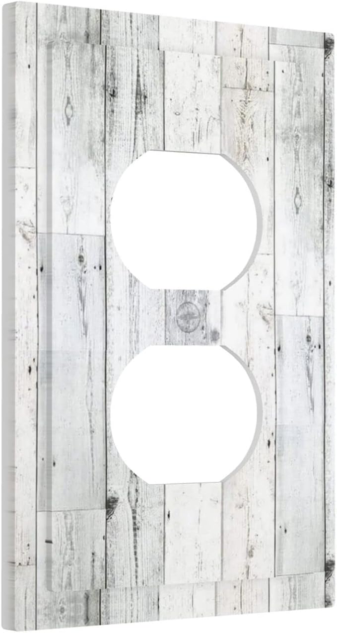 Grey White Wood 1 Gang Outlet Covers Duplex Receptacle Wall Plate Decorative Electrical Faceplate Switchplates for Home Kids Bedroom Decorate 5" x 3 Large Size