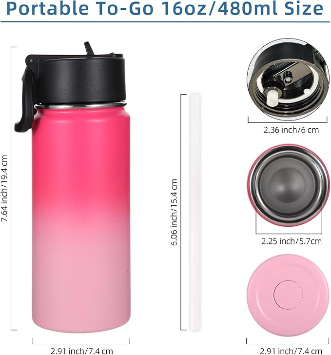 Volhoply Kids Insulated Water Bottle with Straw,16oz Stainless Steel Cold Water Bottles for School,BPA-Free Metal Wide Mouth Cups with Handle Lid,Reusable Double Wall Vacuum Sport Flask(Peach,1)