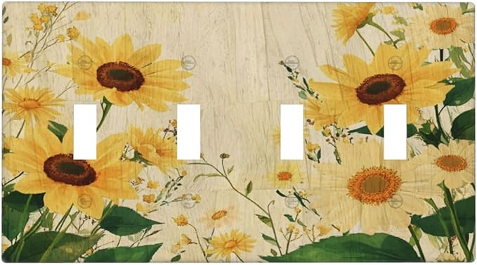 Decorative Switch Plate Cover with Vintage Botanical Sunflower Field Design 4 Gang Artistic Wall Plate Unique Quad Toggle Light Switch Covers for Nature Yellow Blooms Wall Decor