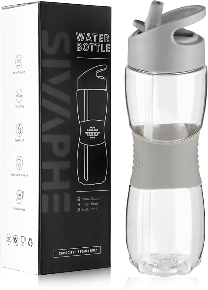 Sivaphe Clear Water Bottle with Straw 18 oz Portable Tritan Transparent Sports Drinking Bottle for School Girls Boys Grey