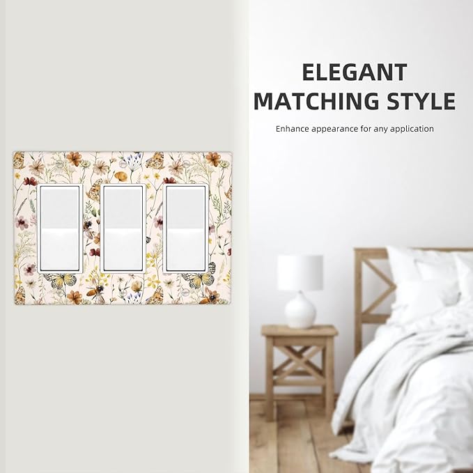 Vintage Butterflies Triple Rocker Wall Plates Colorful Wildflower Light Switch Plate Covers Decorative Cute Bees GFCI Lightswitch Faceplate Beige Flower Leaves Dimmer Decor for Bedroom Kidroom