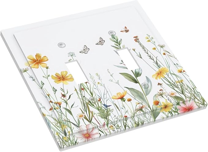 Light Switch Cover Plate Rustic Colorful Floral Butterfly Watercolor Flowers 2 Gang Double Toggle Decorative Switch Plates Plug Cover Wall Plates Electrical Faceplate for Bathroom Bedroom