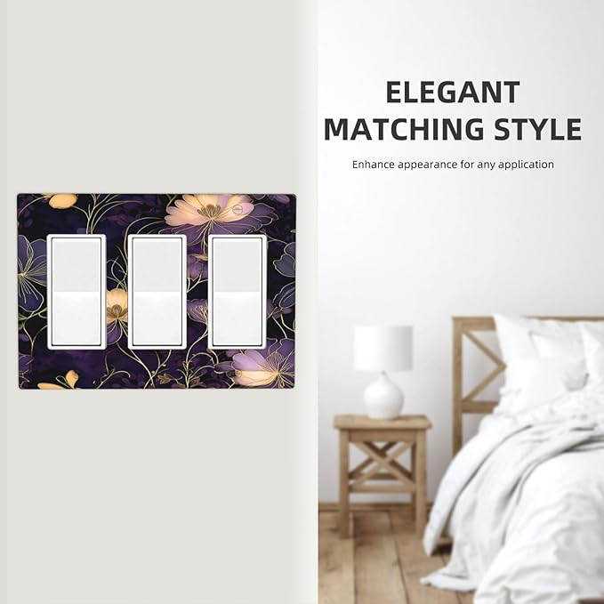 Modern Boho Vintage Gold Purple Dark Floral Modern Abstract Flowers Light Switch Covers 3 Gang Rocker Decorative Triple Outlet Wall Plate Cover Switchplate Electrical Gfci for Bedroom Living Room