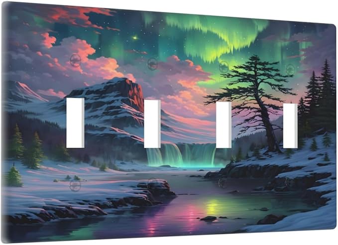Snow Mountain Aurora Waterfalls Rivers Forest Light Switch Covers Quad Toggle Electrical Faceplate 4 Gang Wall Plate Decorative Switch Plates Cover for Bedroom Living Room Decor