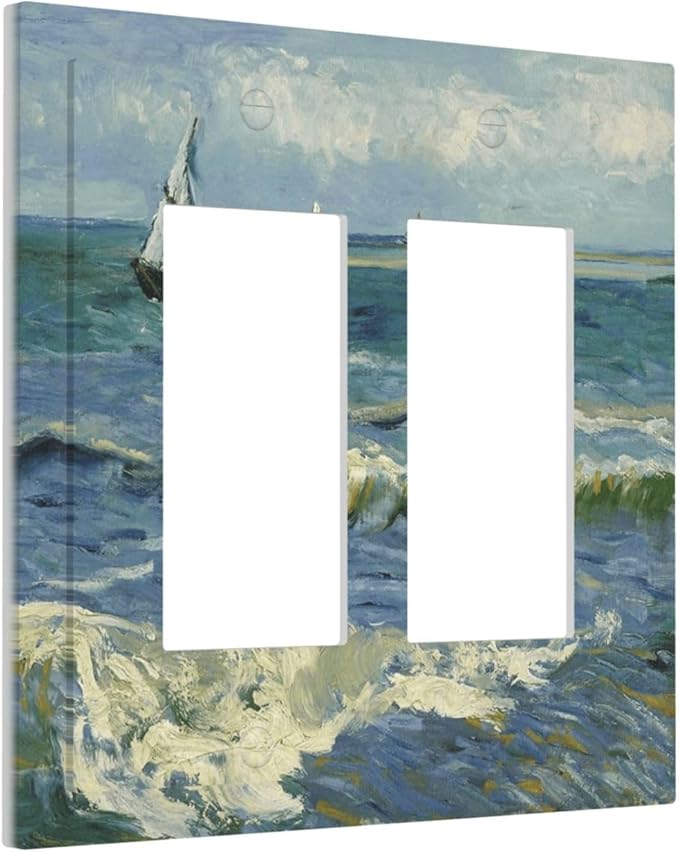 Nautical Ocean Waves Sailboat Painting Blue Sky Decorative Outlet Covers 2 Gang Double GFCI Rocker Electrical Wall Panels Light Switch Cover Plate for Bathroom Bedroom Decor
