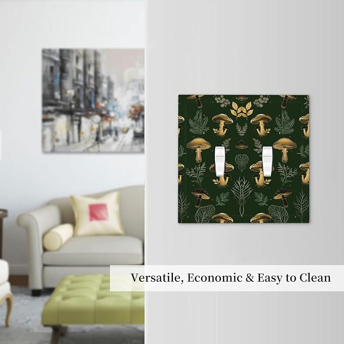Decorative Light Switch Cover Plate Cute Gold Mushtroom Green Plant Leaf 2 Gang Outlet Covers Double Toggle Wall Plates for Electrical Outlets Switch Plate Covers Faceplate for Home Decor