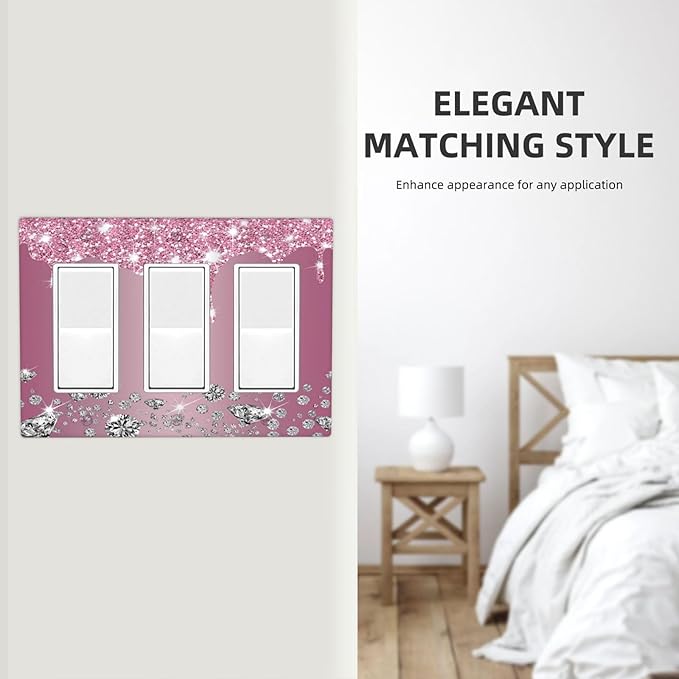 Sparkling Diamonds Pink Silver Glitter Drops Print 3 Gang Rocker Light Switch Covers Decorative Unique Triple Outlet Wall Plate Cover Faceplate Decorative Switchplate GFCI for Bathroom Decor