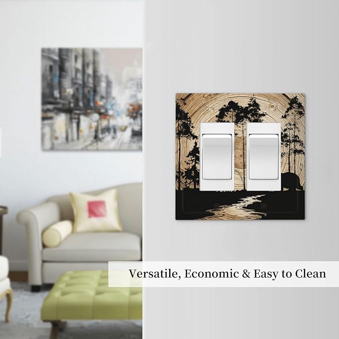 Rustic Forest Antler Black Bear Deer Silhouettes Decorative Outlet Covers 2 Gang Double GFCI Rocker Electrical Wall Panels Light Switch Cover Plate for Farmhouse Home Decor