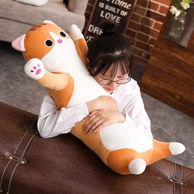 Cat Plush Hugging Pillow, Soft Kitten Plush Body Toy Gifts for Kids (Brown, 27.55 inch)
