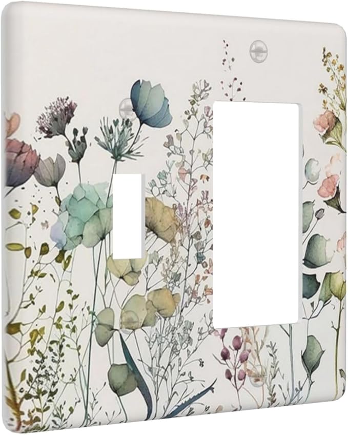 Tan/Beige Rustic Spring Blue Flower 2 Gang Combination Single Toggle/Decorator Wall Plate Boho Floral Border Bouquet Combo 1-Toggle 1-GFCI/Rocker Outlet Light Switch Dimmer Receptacle Faceplate Cover