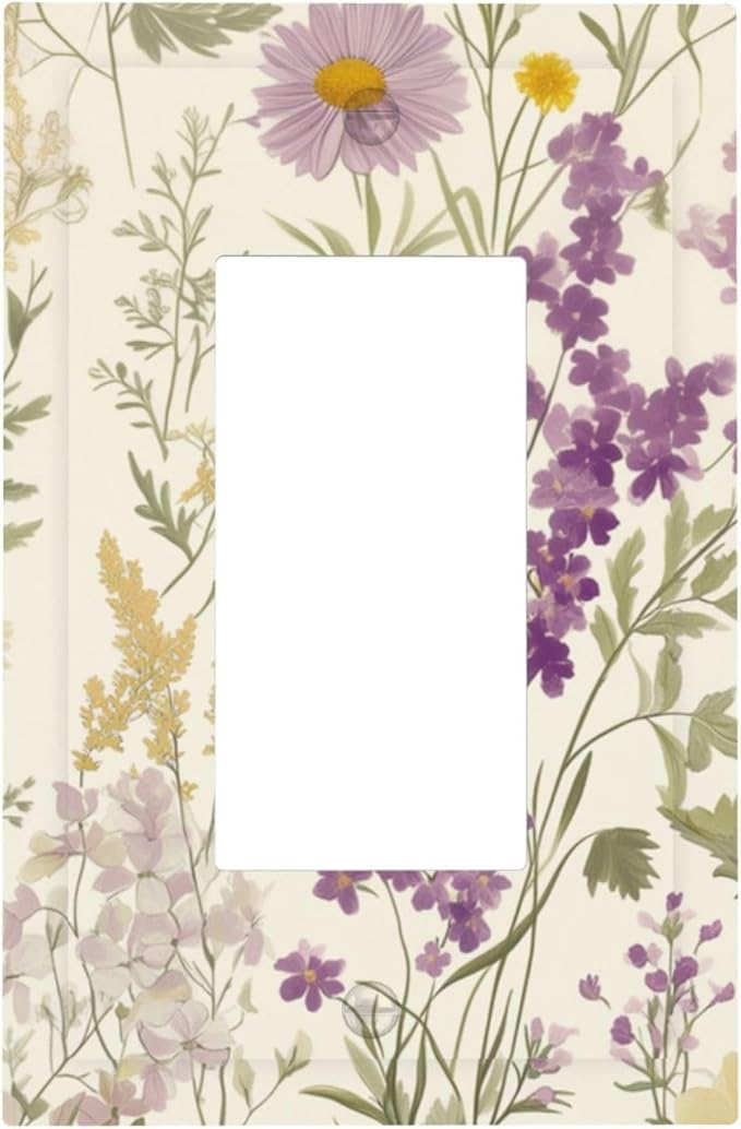 Watercolor Floral Leaves Single Light Switch Cover Plate Small Purple Flowers Daisies 1 Gang Rocker Outlet Covers Switchplate Decorative Electrical GFCI Faceplates for Bedroom Kitchen Decor