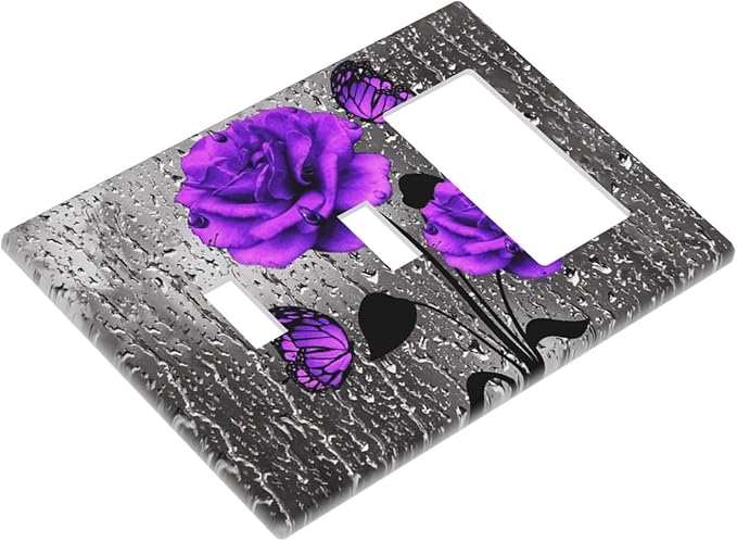 Cute Pretty Purple Gray Flowers Romantic 3-Gang Combination Double Toggle/Single Decorator Outlet Wall Plate Rose Blossom Butterfly Electric Decorative 2-Toggle 1-Rocker/GFCI Combo Light Switch Cover