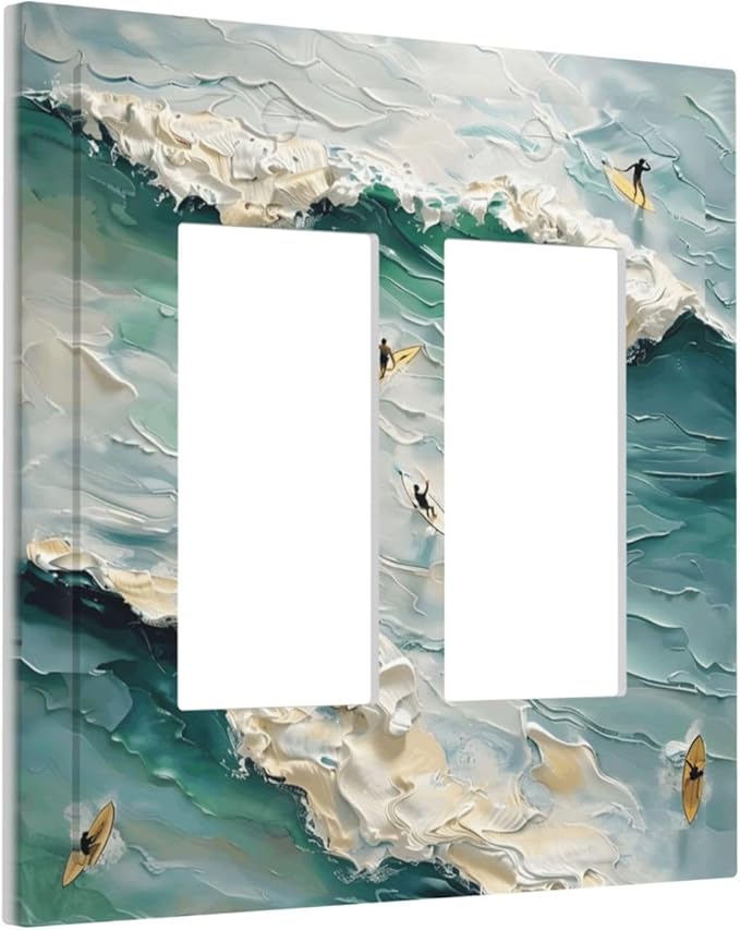 Beach Waves Ocean Surfing Hoverboard Painting Print Decorative Outlet Covers 2 Gang Double GFCI Rocker Electrical Wall Panels Light Switch Cover Plate for Bedroom Living Room Decor
