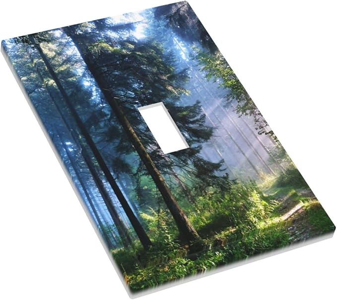 Nature Misty Forest Green Foggy Watercolor Woodland Pine Larch Tree Mountain 1 Gang Single Toggle One Device Mid Size Plug Socket Wall Plate Landscape Jungle Light Switch Plate Outlet Cover Dimmer