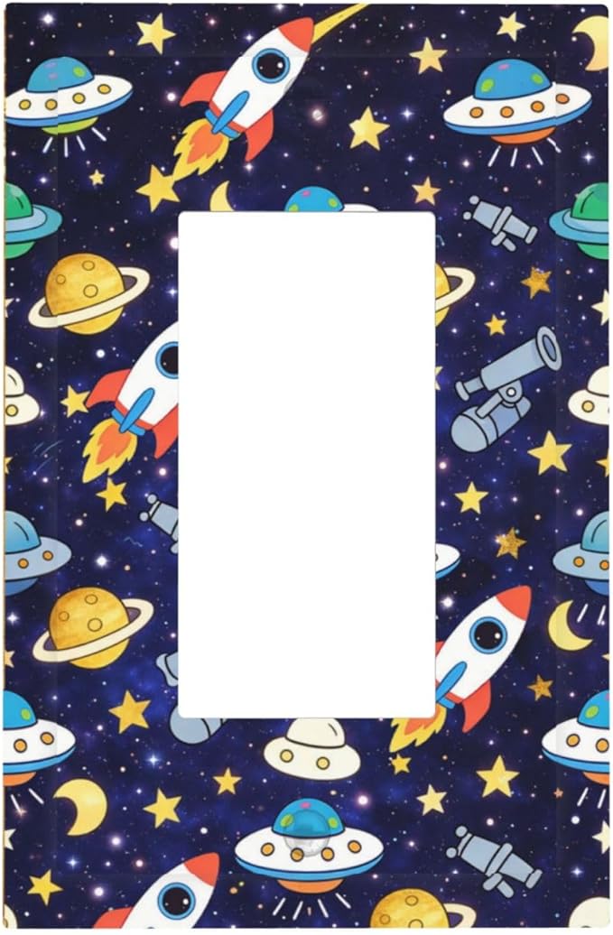 Decorative Outlet Covers Blue Space-themed Rocket Spaceship 1 Gang Rocker Light Switch Cover Plate Single Wall Plates for Electrical Switch Plate Covers Faceplate for Children's Room Decor
