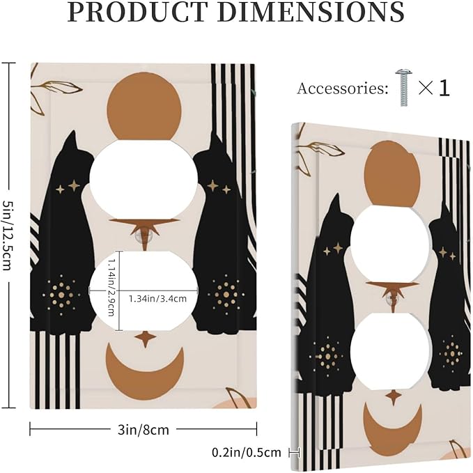 1 Gang Single Duplex Receptacle Outlet Cover Witchy Mystic Boho Mid Century Black Cat Moon Phase Lovely Leaf Animal Electrical Wall Plate One Gang Dual Device Light Switch Faceplate Socket Plug Cover