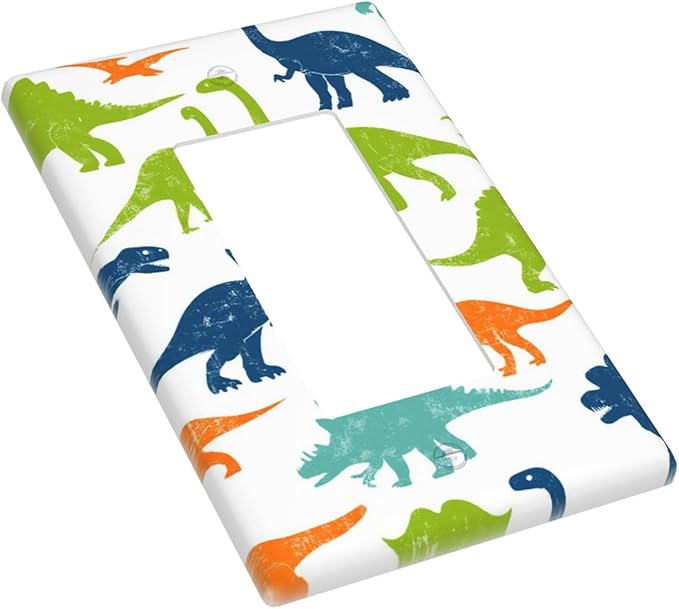 Colorful Dinosaur 1-Gang Rocker Wall Plate, Watercolor Blue & Green Dinosaur Cartoon Decorative Switch Plate for Boys Bedroom, Playroom & Nursery