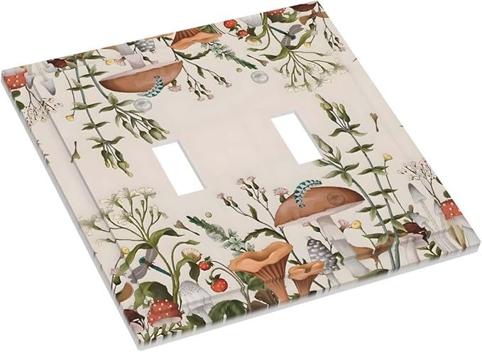 Boho Mushroom Forest Plants Wildflowers Insects Decorative Switch Plates 2 Gang Double Toggle Outlet Light Switch Cover Wall Plate Electrical Faceplate for Kids Room Home Decor