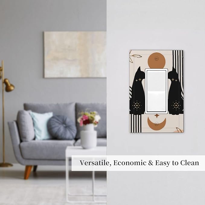 1 Gang Single Decorator/Rocker Wall Plate Cute 70S Mid Century Abstract Cat Boho Moon Phase Sun Light Switches GFCI Electrical Device Face Switchplate Plug Cover for Dimmers, Receptacle, USB Outlet