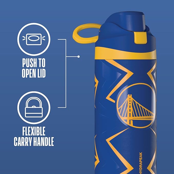 Hydrapeak x NBA Officially Licensed Golden State Warriors Oasis 20 oz Insulated Kids Water Bottle, Stainless Steel Water Bottle Kids with Chug Lid, Push Button