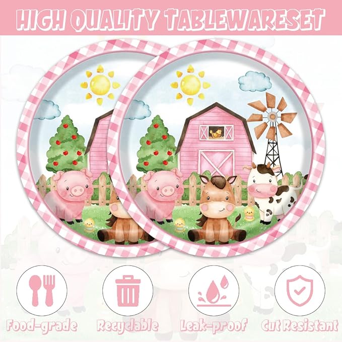 40pcs Farm Animals Party Supplies Plates and Npakins Farm House Animal Barnyard Theme Birthday Party Decorations Pink Barn Animal Baby Shower Tableware Sets
