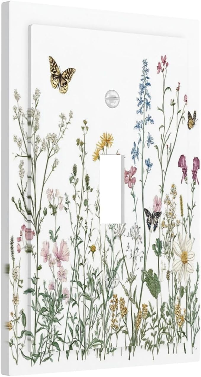 Decorative Light Switch Cover Rustic Wildflowers Butterfly Colorful Floral 1 Gang Single Toggle Device Electrical Faceplate Switchplates Decorator Outlet Wall Plate For Bed Room Home