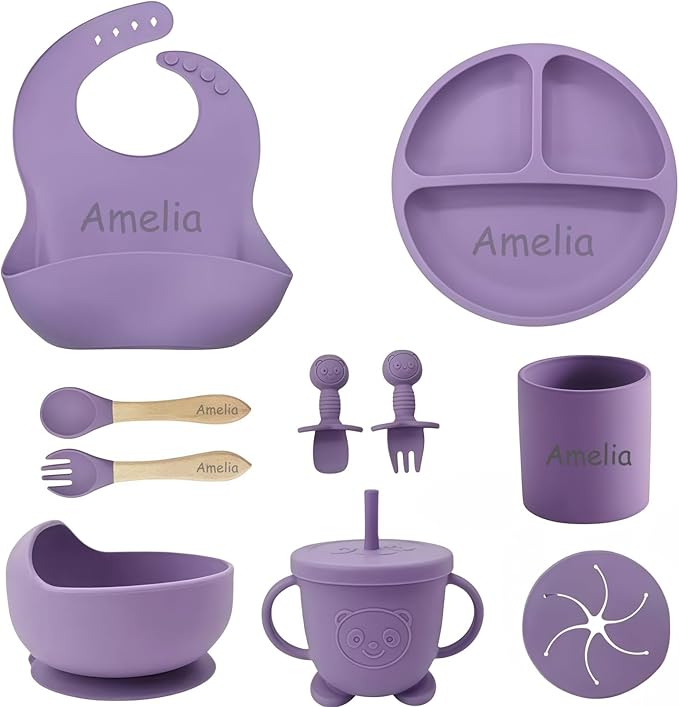 Personalized Silicone Suction Plates for Baby，Custom Toddlers Spoon and Fork, Baby Feeding Set with Name,Baby Birthday Gift for Boy & Girl (Purple)