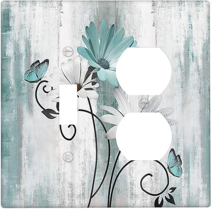 Teal Daisy Vintage Flower Butterfly Rustic Wood Print Wallplates 1 Toggle 1 Duplex Switch Plate Electrical GFCI Faceplate Decorative Light Switch Covers for Farmhouse Home Decor