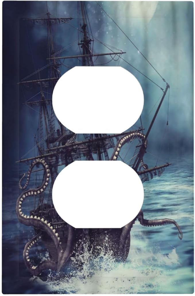Octopus Ocean Kraken Nautical Pirate Ship 1 Gang Outlet Plate Decorative Single Duplex Wall Plate Covers Unique Electrical Receptacle Light Switch Cover Art Faceplate Switchplate for Bathroom Decor