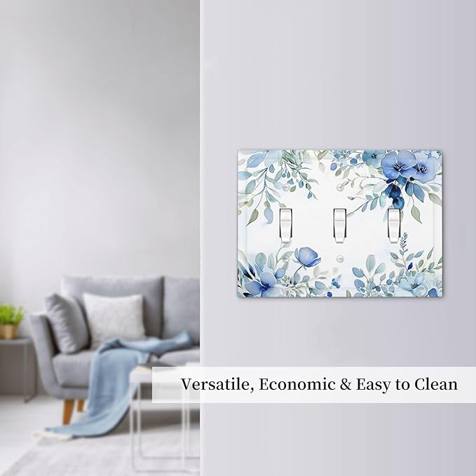 Watercolor Blue Flower Plant Floral Green Leaves Decorative Switch Plates 3 Gang Wall Plate Triple Toggle Light Switch Cover Faceplate Electrical Wall Panels for Bedroom Living Room Decor